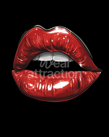 Artwork of glossy red lips with a bold, vibrant shine on a solid black background