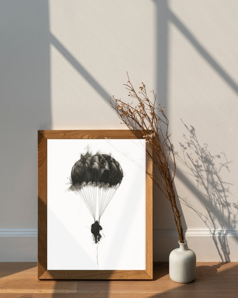 The Art of Freefall - Framed black-and-white print of a skydiver