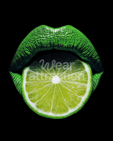 Artwork of vibrant green lips biting a lime slice on a solid black background