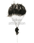 The Art of Freefall - Black and white skydiving artwork with parachute