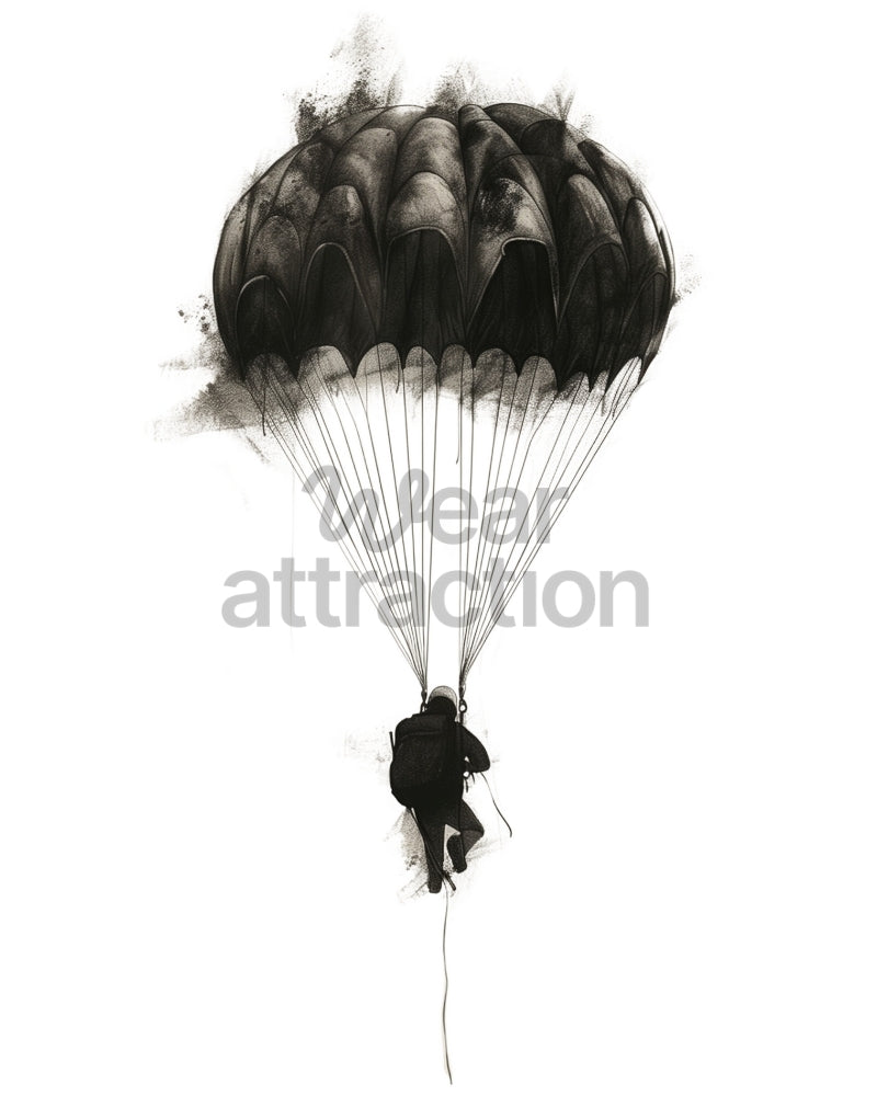 The Art of Freefall - Black and white skydiving artwork with parachute
