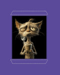 Purple framed artwork of an old cat holding a coffee cup