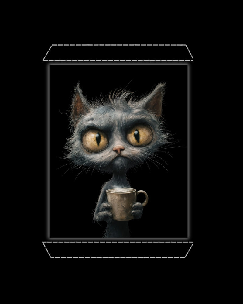 Artwork of a angry grey cat holding a coffee cup on a solid black background