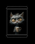 Graphic of a angry grey cat with a coffee cup, set against a black background framed by white stitch lines