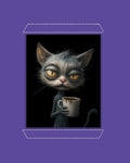 Purple framed artwork of a annoyed evil grey cat holding a coffee cup