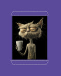 Purple framed artwork of an old cat holding a coffee cup