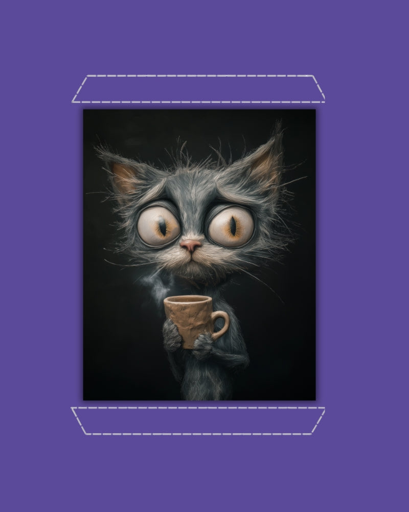 Purple framed artwork of a scared grey cat holding a coffee cup