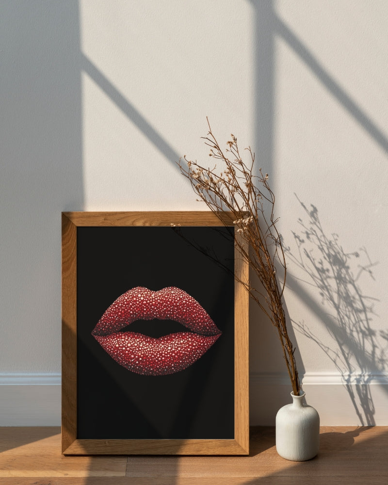 Framed artwork of crystal-studded red lips placed next to a vase with dried plants