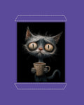 Purple framed artwork of a poor grey cat holding a coffee cup