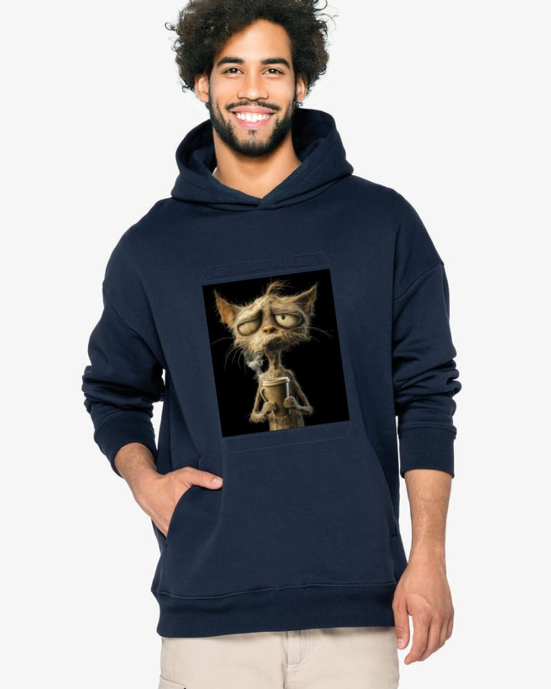 Man wearing a hoodie with an artwork of an old cat sipping coffee