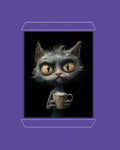 Purple framed artwork of a angry grey cat holding a coffee cup