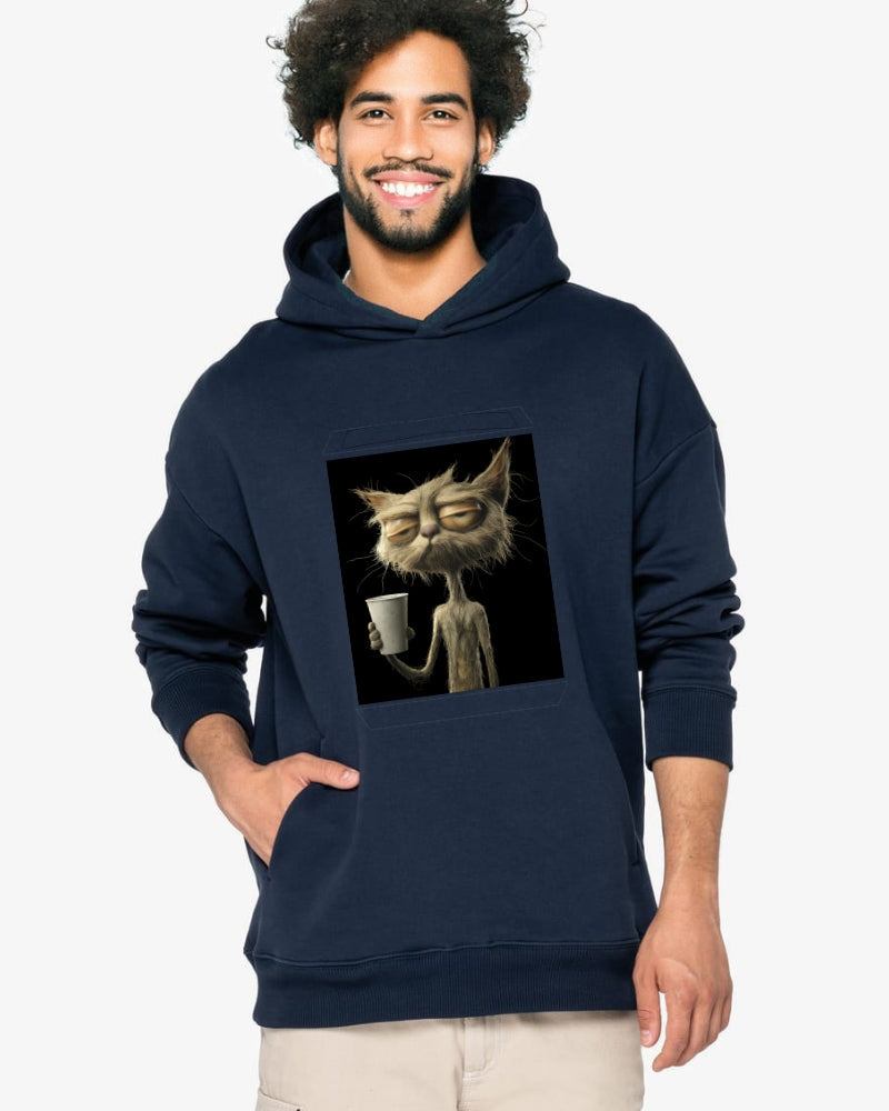 Man wearing a hoodie with an artwork of an old cat sipping coffee