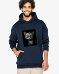 Man wearing a hoodie with an artwork of a annoyed evil grey cat sipping coffee