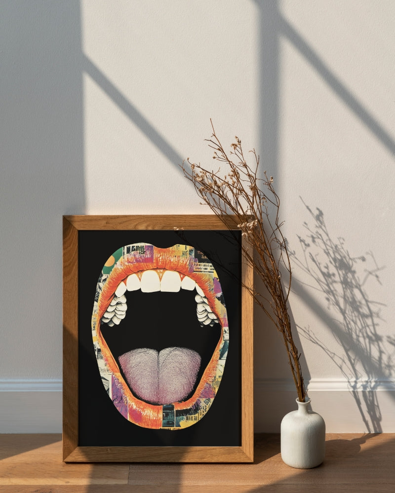 Framed artwork of a stylized mouth with collage elements, placed next to a minimalist vase and dried plants.