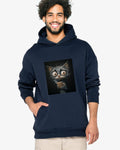 Man wearing a hoodie with an artwork of a scared grey cat sipping coffee