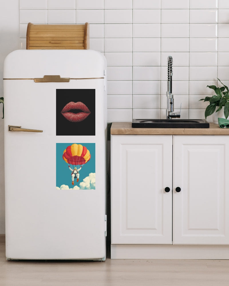 Refrigerator magnet featuring an artwork of glossy red lips with crystal accents