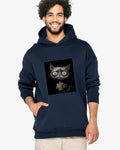 Man wearing a hoodie with an artwork of a poor grey cat sipping coffee