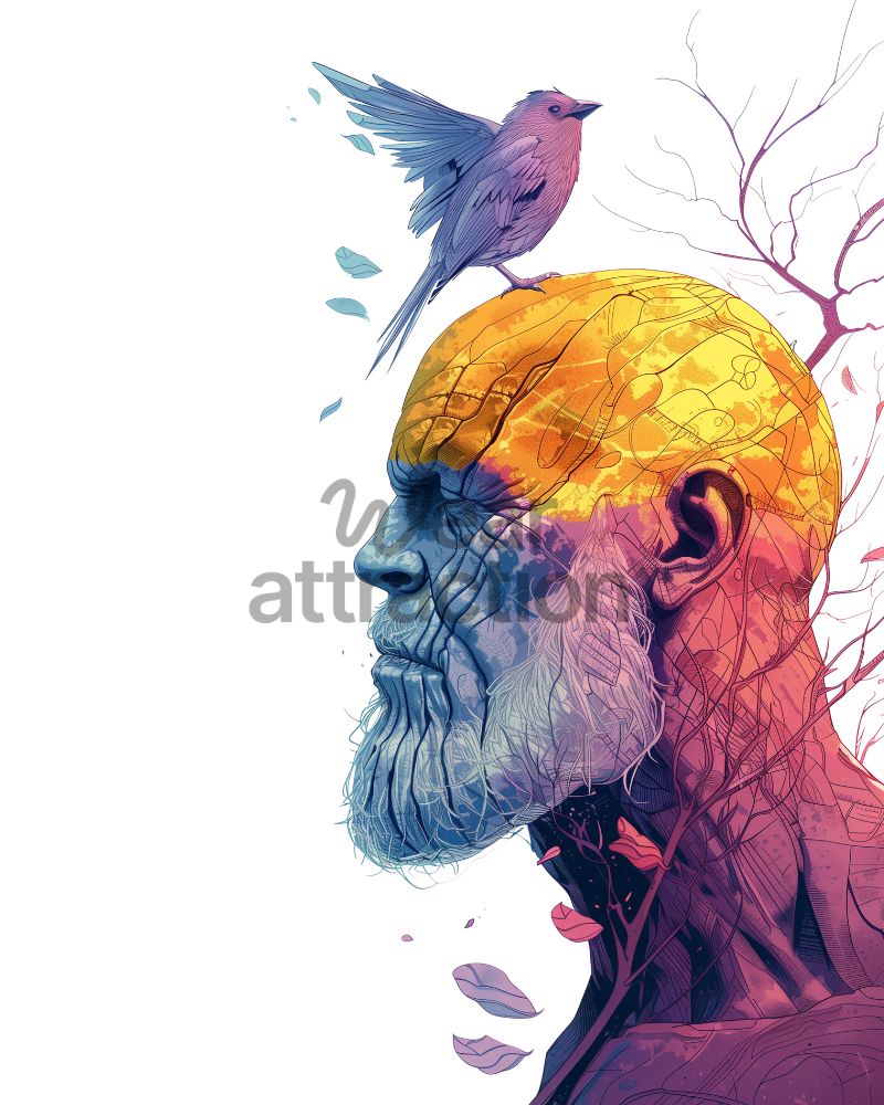 Artwork of a man with a sectioned, colorful brain and a bird perched on his head, marked with 'wear attraction' watermark