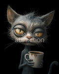 Artwork of a annoyed evil grey cat holding a coffee cup on a solid black background