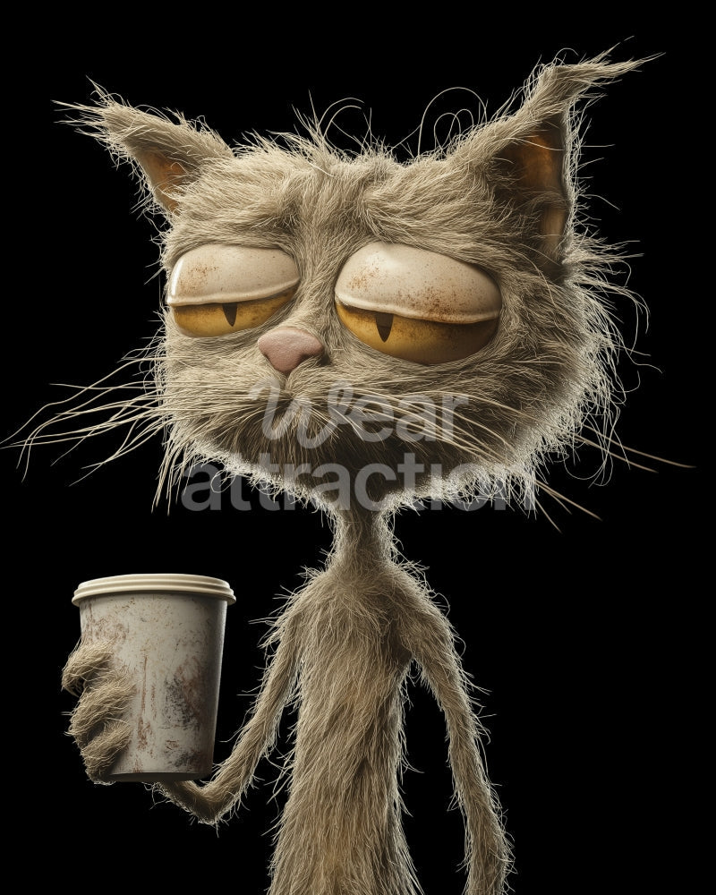 Artwork of a weary old cat holding a coffee cup on a solid black background