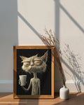 Framed artwork of an old cat holding a coffee cup next to a vase with dried plants