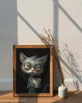 Framed artwork of a annoyed evil grey cat holding a coffee cup next to a vase with dried plants