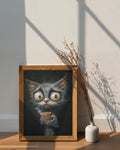 Framed artwork of a scared grey cat holding a coffee cup next to a vase with dried plants