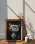 Framed artwork of a poor grey cat holding a coffee cup next to a vase with dried plants