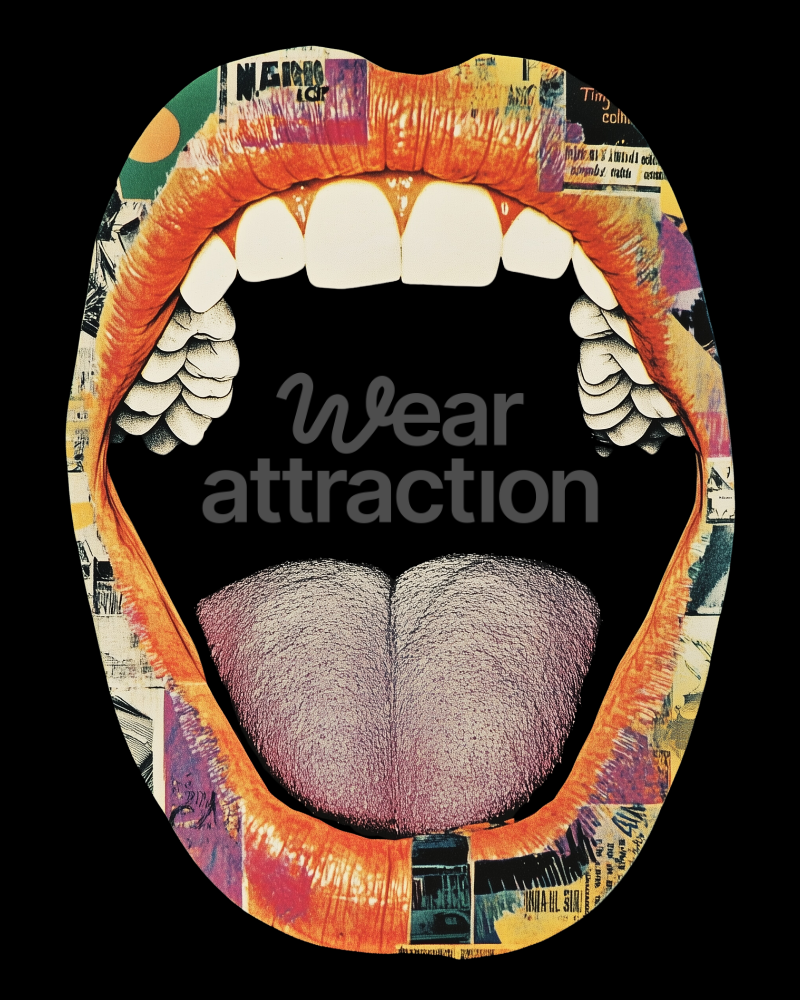 Artwork of a stylized mouth with collage elements, open in an expressive whisper, set against a black background.