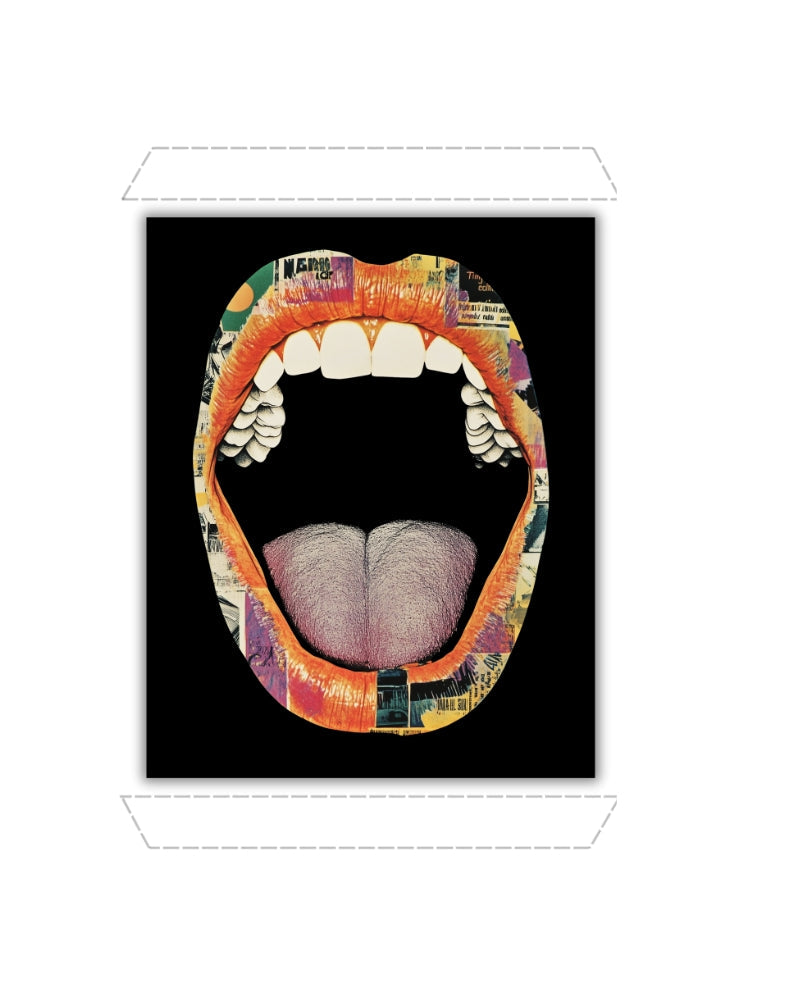 Graphic of a stylized mouth with collage textures, framed by white stitch lines on a black background.