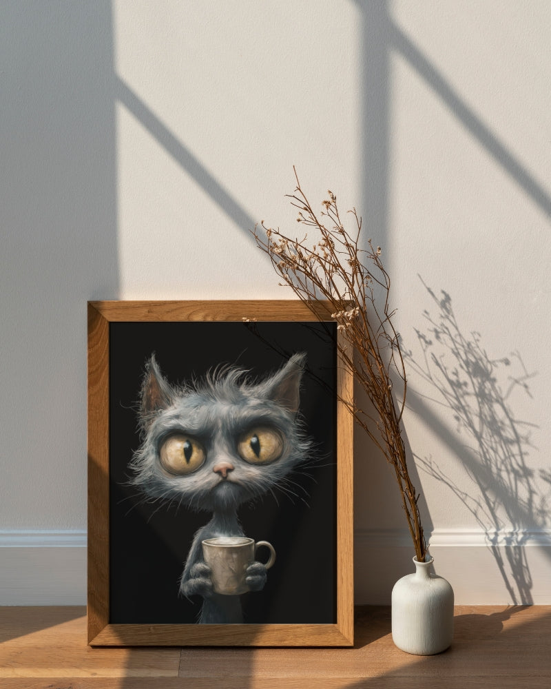 Framed artwork of a angry grey cat holding a coffee cup next to a vase with dried plants