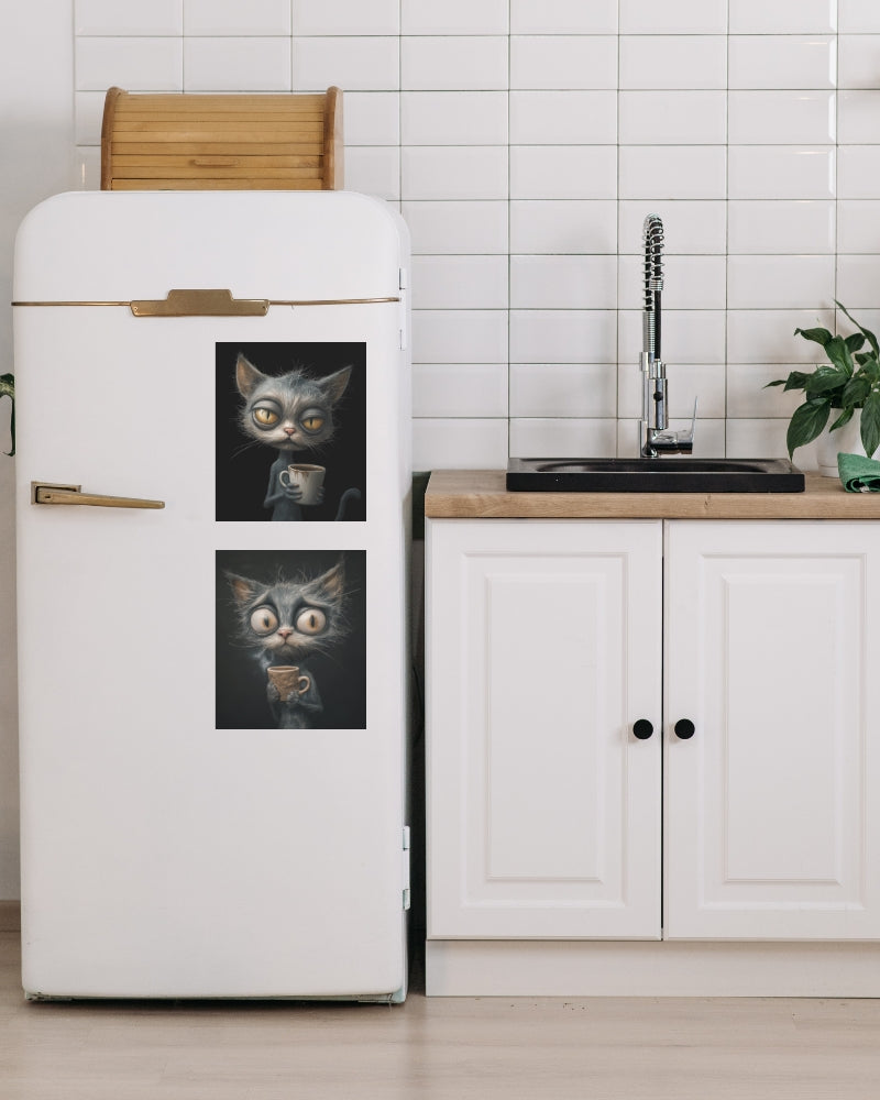 Refrigerator magnet featuring a annoyed evil grey cat holding a coffee cup