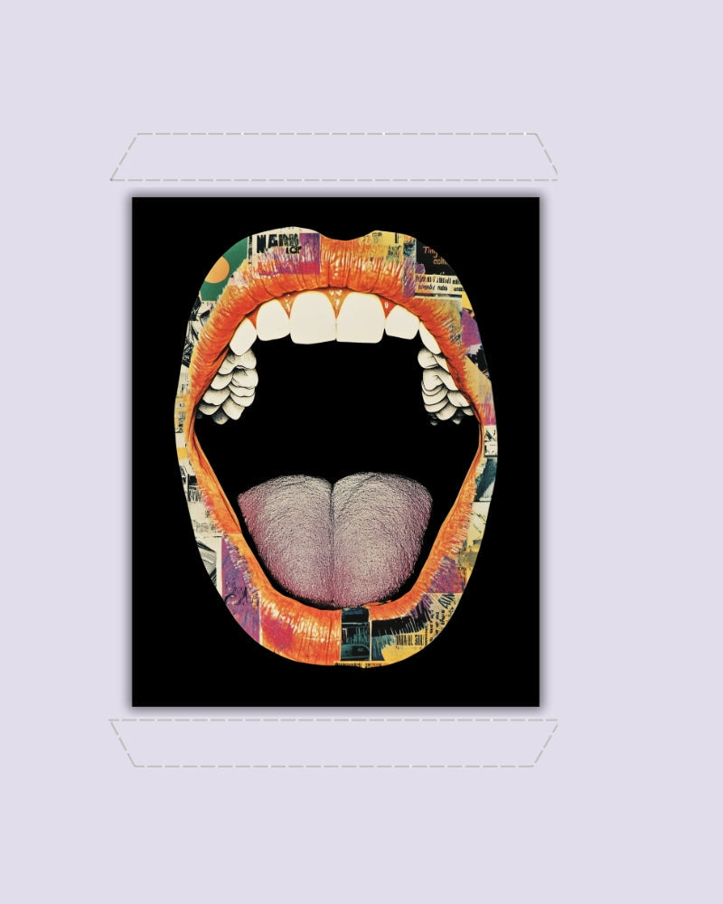 Purple-framed artwork featuring a stylized mouth with collage elements, symbolizing an artistic whisper.