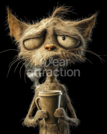 Artwork of a weary old cat holding a coffee cup on a solid black background