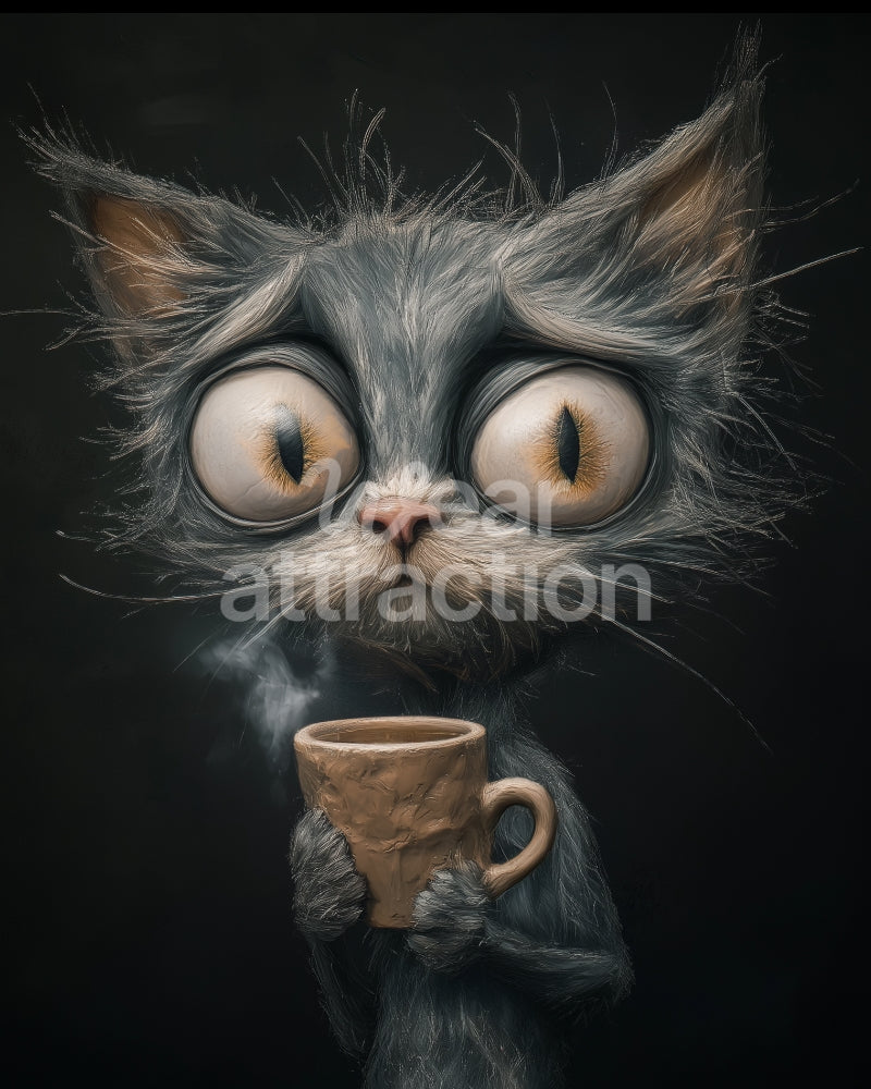 Artwork of a scared grey cat holding a coffee cup on a solid black background