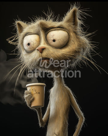 Artwork of a weary old cat holding a coffee cup on a solid black background