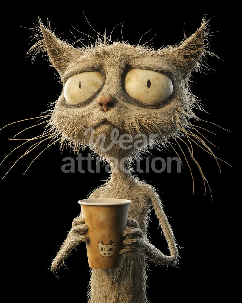 Artwork of a weary old cat holding a coffee cup on a solid black background