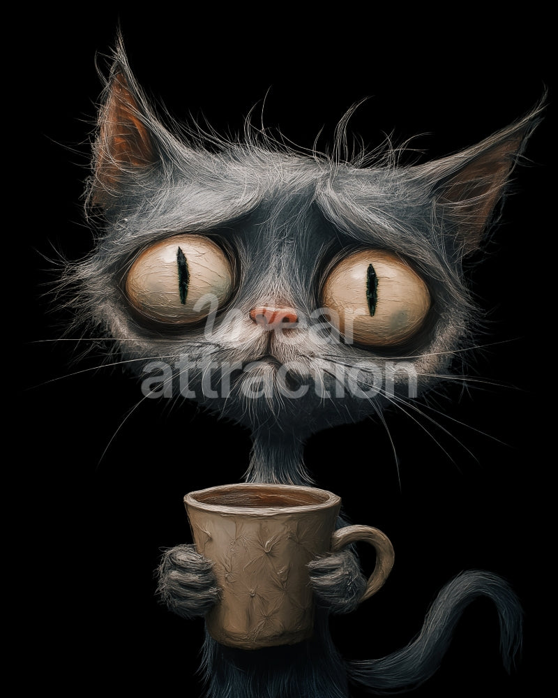 Artwork of a poor grey cat holding a coffee cup on a solid black background