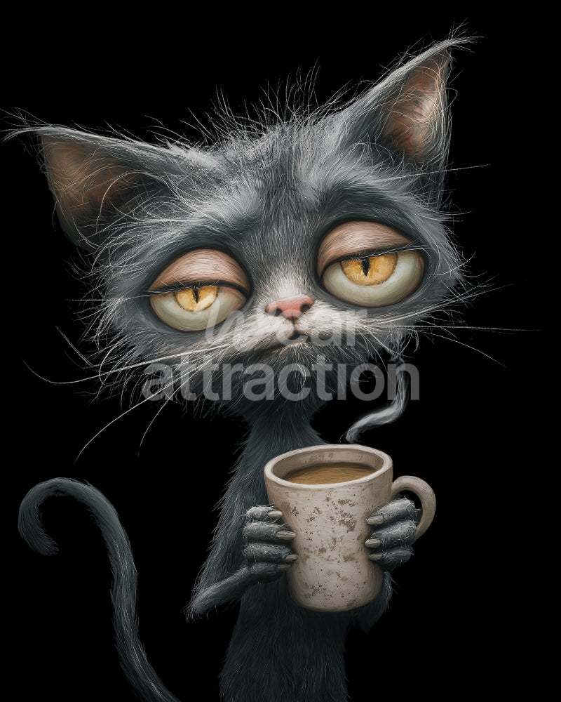 Artwork of a exhausted grey cat holding a coffee cup on a solid black background