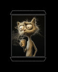 Graphic of an old cat with a coffee cup, set against a black background framed by white stitch lines