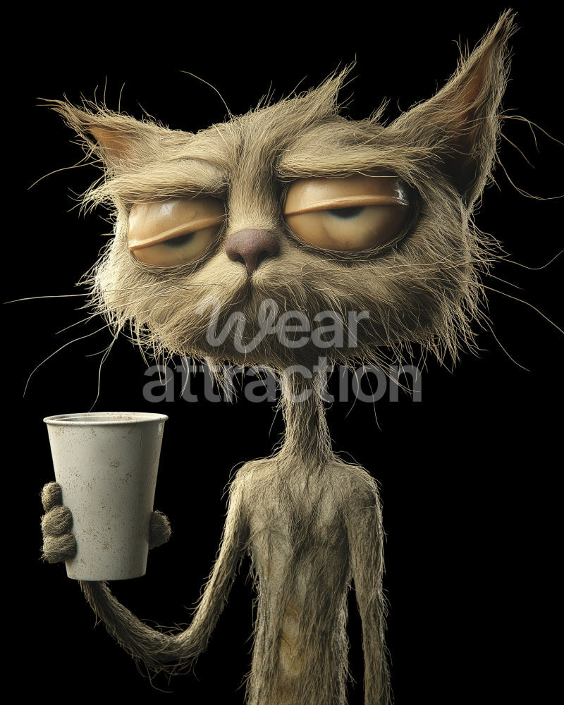 Artwork of a weary old cat holding a coffee cup on a solid black background