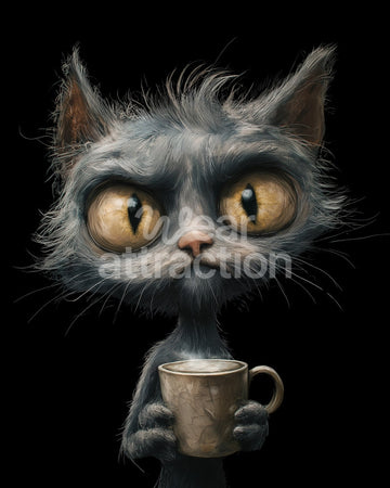 Artwork of a angry grey cat holding a coffee cup on a solid black background