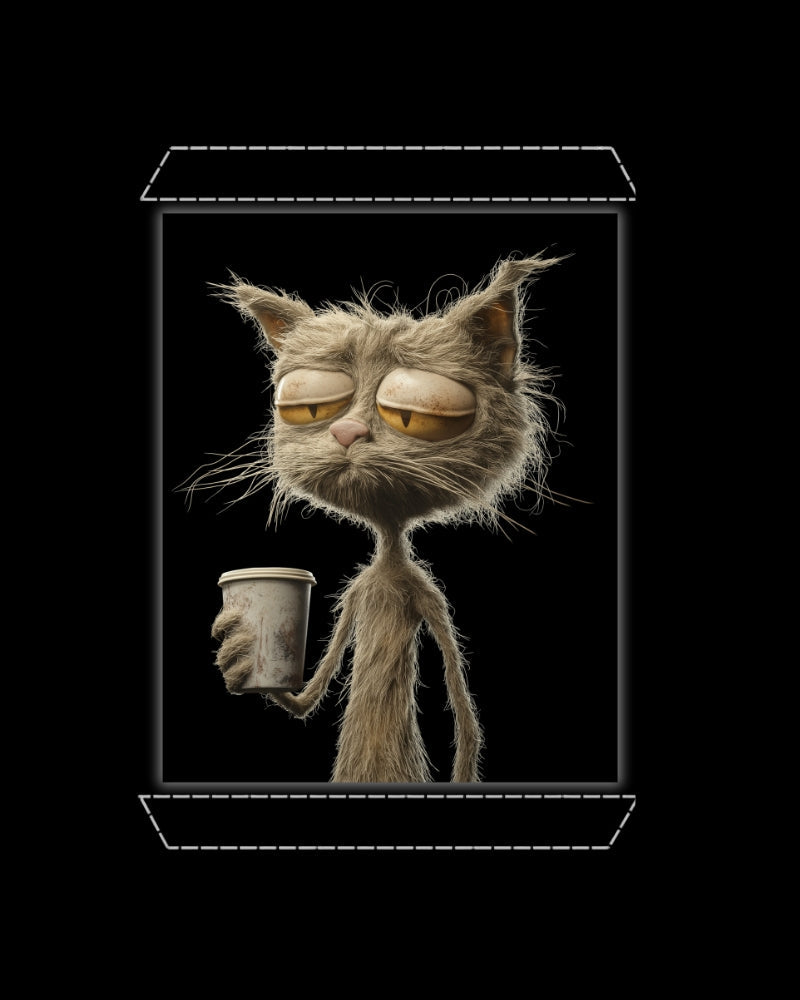 Artwork of a weary old cat holding a coffee cup on a solid black background