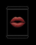 Graphic of crystal-studded red lips, set against a black background framed by white stitch lines