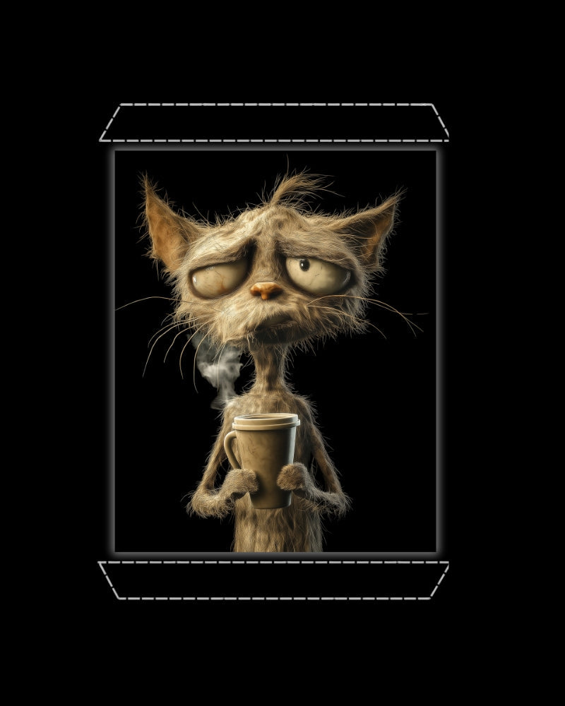 Artwork of a weary old cat holding a coffee cup on a solid black background