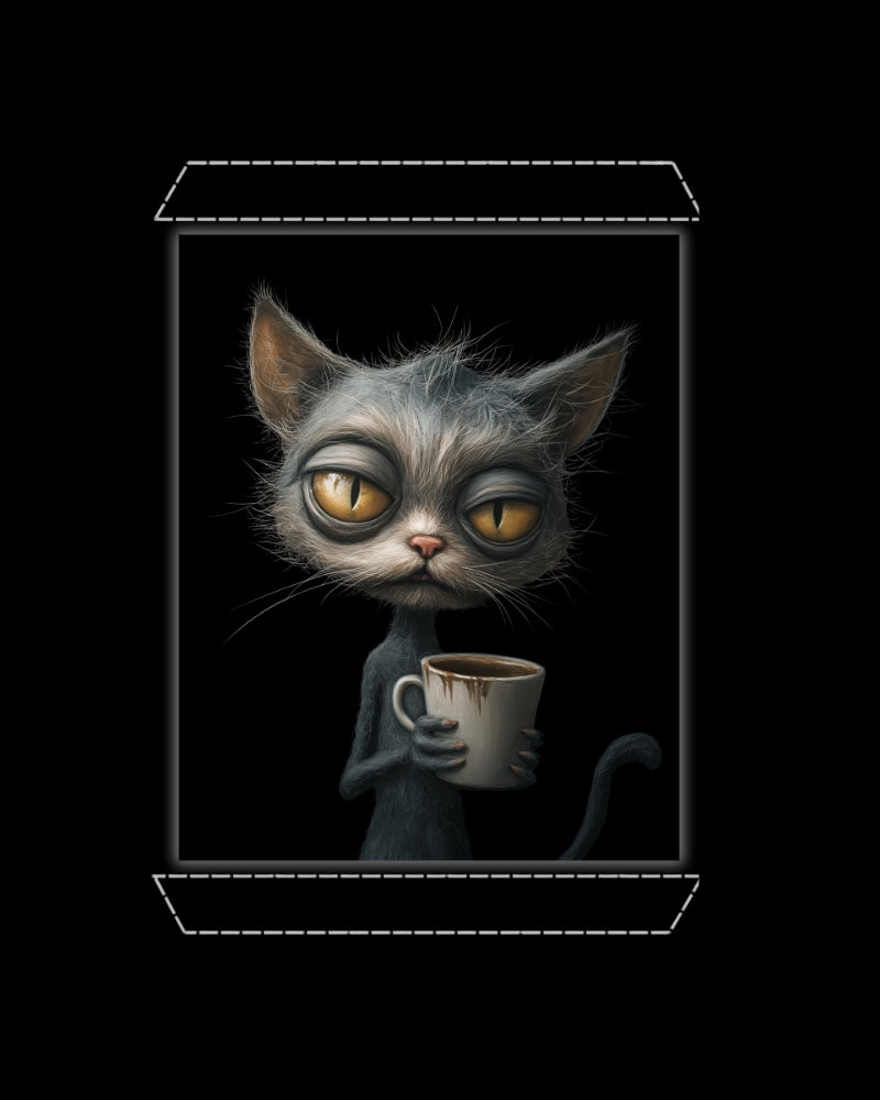 Artwork of a annoyed evil grey cat holding a coffee cup on a solid black background