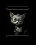 Graphic of a annoyed evil grey cat with a coffee cup, set against a black background framed by white stitch lines