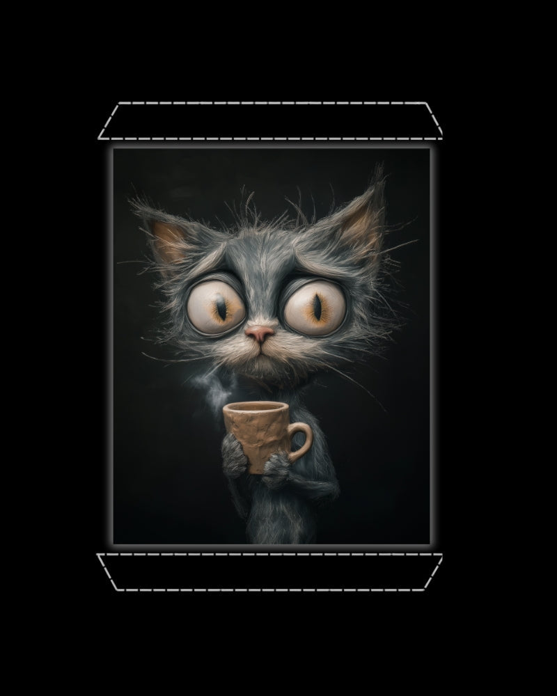 Artwork of a scared grey cat holding a coffee cup on a solid black background