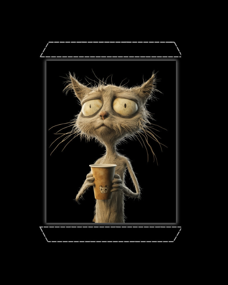 Artwork of a weary old cat holding a coffee cup on a solid black background