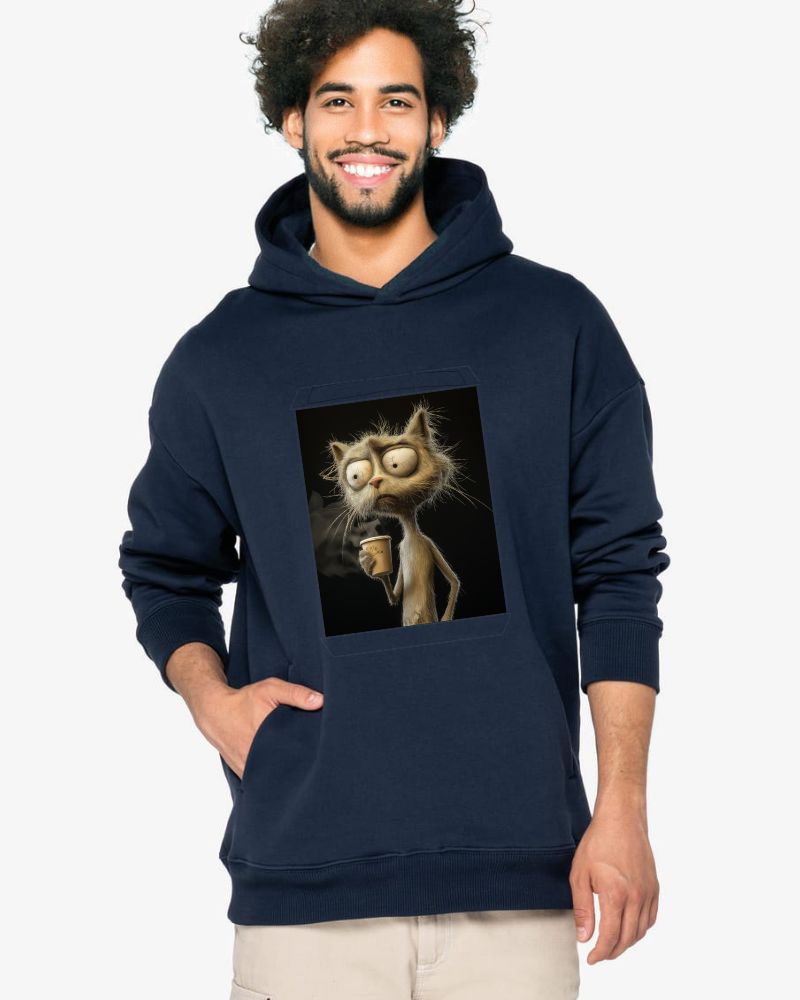 Man wearing a hoodie with an artwork of an old cat sipping coffee